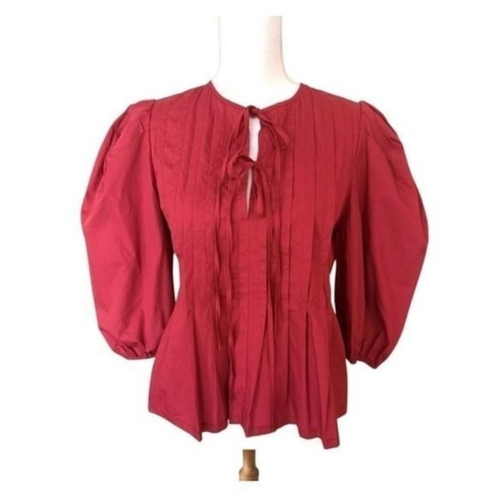 Pinch Crimson Red Pintuck Tie-Front Boho Peasant Top Women Small NWT